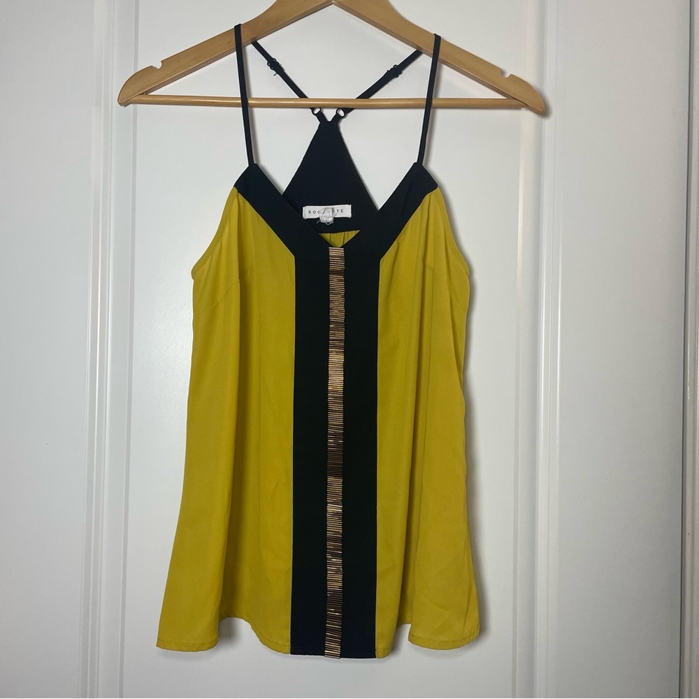 Socialite Yellow Black Strappy Camisole Top XS Cold Shoulder Summer Casual